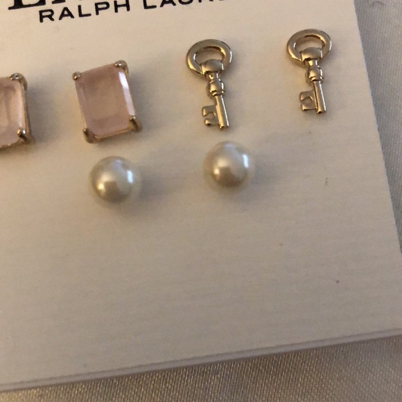 Lauren Ralph Lauren 3 Pair Stud Earring Set Key, Rose Quartz & Faux Pearl NWT - Picture 10 of 13